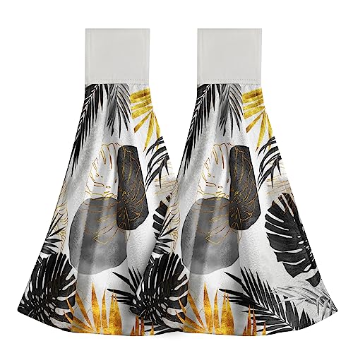 Giwawa Black and Gold Leaves Hanging Kitchen Towels 2 Pcs Tropical Palm Leaf Hand Towels Soft Tea Bar Dish Cloths Dry Towel for Bathroom Laundry