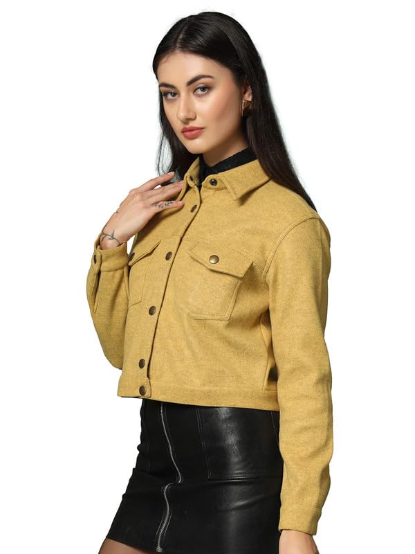 Image of CHKOKKO Solid Crop Jackets for Women stylish latest Long Sleeve Stylish Winter Shirt Jacket Casual Outerwear for Office