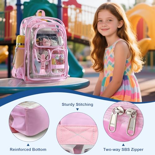 Image of Pink Clear Backpack for School,Heavy Duty PVC Transparent Bookbag for Stadium Events Sports, Girls See Through BackPack Fits 15.6 inch Laptop for Women Work Travel