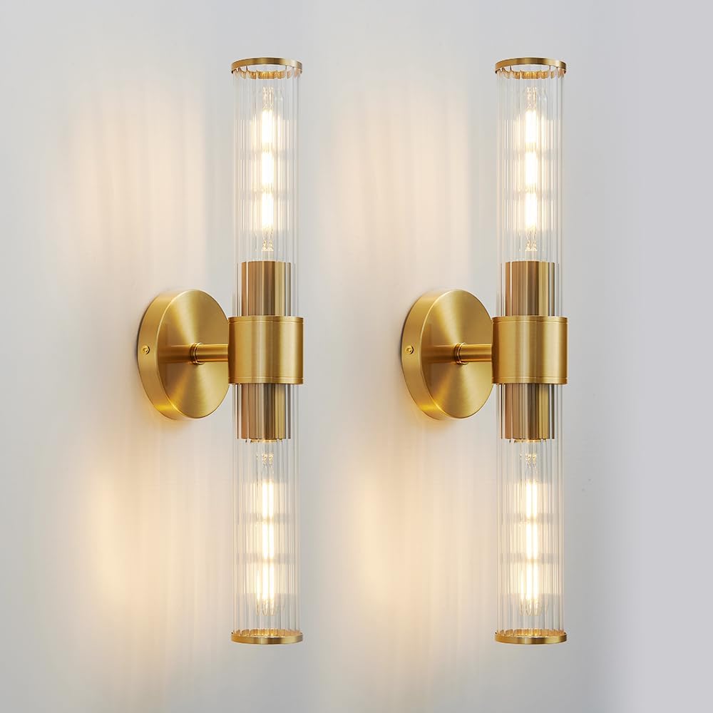 Gold Bathroom Light Fixtures, 2 Light Vanity Lights for Mirror with Threaded Glass Shade, 20 Inch Up and Down Wall Sconces for Bathroom Bedroom Living Room Hallway 2 Pack Gold-B, 2Pack