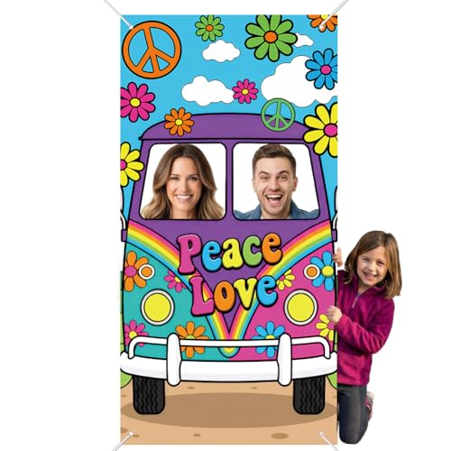 SUPERDANT Bannière Photo Prop Bus Hippies Peace Love Voiture Couple Photo Porte Bannière Tissu...