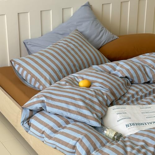 Image of LifeTB Vintage Striped Comforter Set Full, 3 Pieces Blue Brown Stripes Pattern Printed Bedding Set, Fluffy Soft Lightweight Bedding Comforter Set, Farmhouse Striped Bed Comforter with 2 Pillowcases