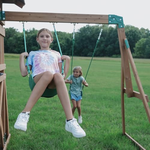 Backyard Discovery Lightning Ridge Cedar Wood Swing Set with Wave Slide, Play Deck, Rock Wall, Sandbox, Belt Swings, Toy Telescope, Steering Wheel, Step Ladder, Outdoor Playset - image 5