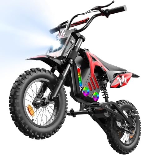 isinwheel A12/A14 Electric Dirt Bike for Kids, 36V 350W/500W Electric Motorcycle Up to 17/15.5MPH & 14 Miles Long-Range, 3-Speed Modes, Electric Bike for Kid Ages 3-14 A14-500w-red
