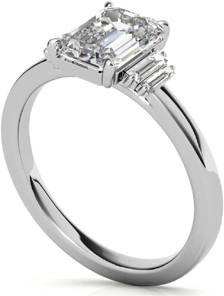 10K Solid White Gold Handmade Engagement Rings, 3.0 CT Emerald Cut Moissanite Diamond, Solitaire Wedding/Bridal Rings Set, Emerald & Sapphire 3 Stone, Size 3-12