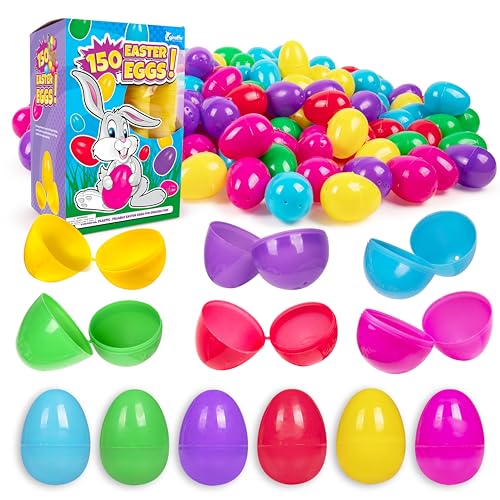 Giraffe Manufacturing 150 Pack 2.3' Hinged Easter Eggs Bulk Plastic Fillable – Assorted Bright Colors Candy Alternative Eggs for Egg Hunt, Party Favors, Classroom Prizes, Treasure Box Toys