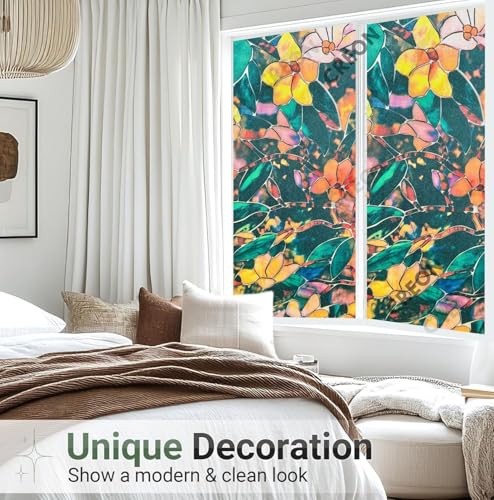 Image of CREON Frosted Privacy Window (24 X 250 Inch) Film with Flower Pattren & Stained Glass Design, Adhesive-Free for Home, Bathroom & Office