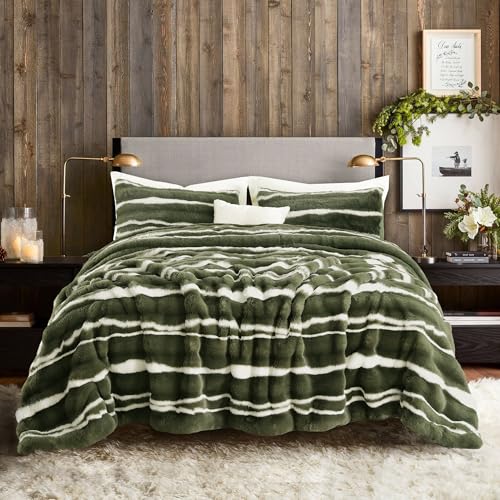Image of Wonderful 3 Pieces Fluffy Faux Rabbit Fur Comforter Set Queen Size, Dark Green Plush Fuzzy Bedding Set, Animal Stripes Design Warm Soft Comforter Bedding Set for All Season,90 inchx94 inch