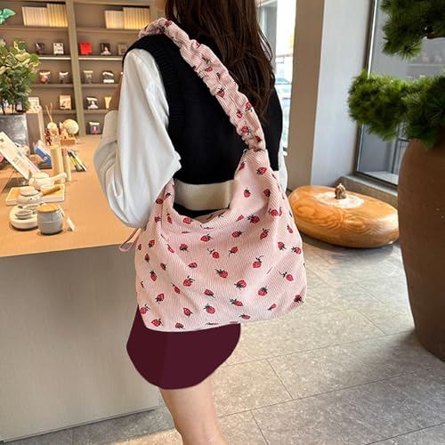 Corduroy Tote Bag, Strawberry Pattern Crossbody Tote Bag with Ruched Strap, Anti-Theft Multi-Purpose Shoulder Handbags for Work Travel Daily Use.4