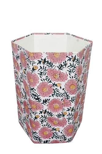 Image of 3.3 Gallon Cotton Hand Block Printed Paper Waste Basket |Small Decorative Trash Can for Housewarming Gifts in Living Room, Bedroom, Bathroom | Eco-Friendly, Plastic-Free (1, Green Pink Sun FLOWAR)