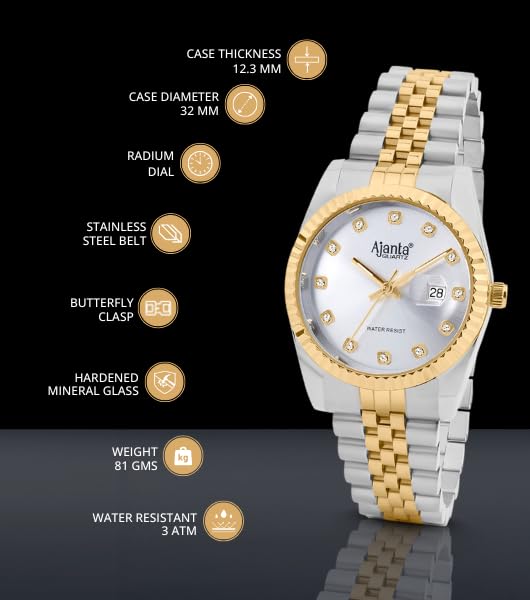 Image of Ajanta Quartz Avenza Women Analog Watch| Stainless Steel Bracelet Strap | Day & Date Display | Water Resistant | Formal & Casual Wrist Watch for Women