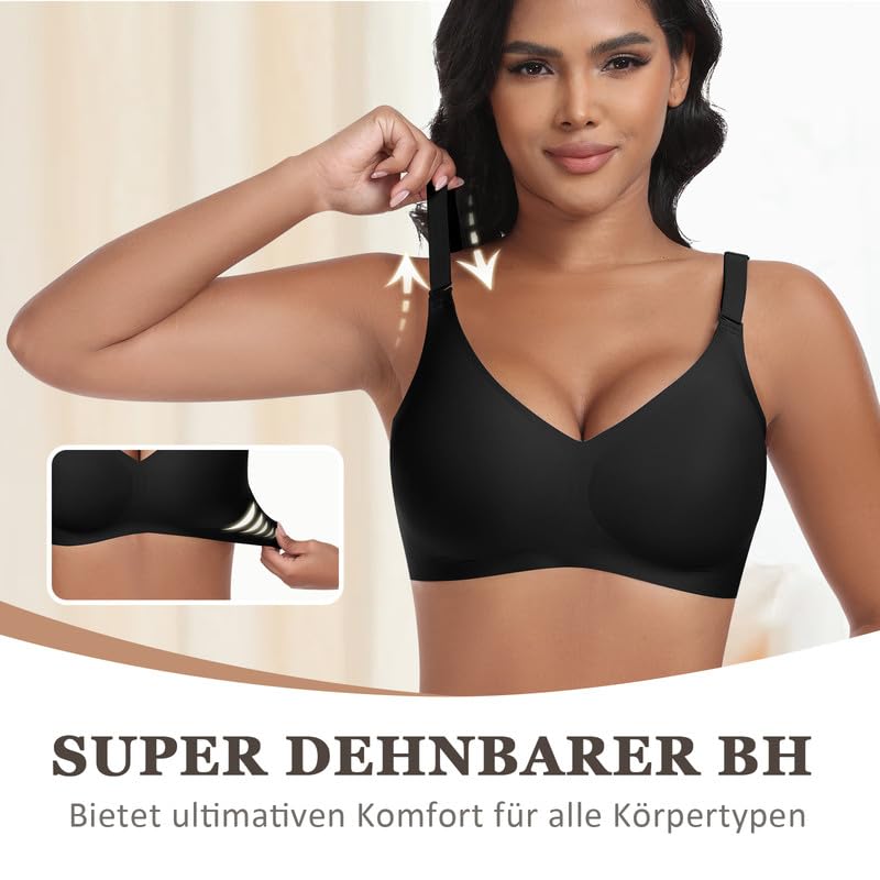 Jiuday Reggiseno senza ferretto, reggiseno push up con seni grandi, tenuta forte, senza stiratura, imbottito, senza cuciture, senza buegel, Nero + beige., XL
