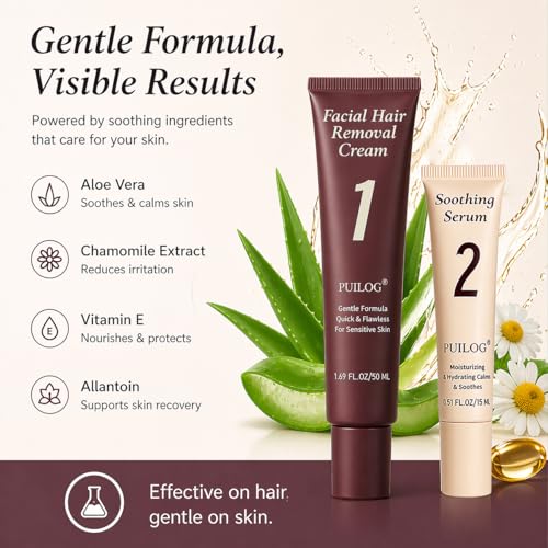 Image of Gentle Facial Hair Removal Kit for Women - 5 Min Painless Upper Lip & Chin Hair Remover - 1.69 + 0.51 FL Oz Depilatory & Soothing Cream - Safe for Sensitive Skin, Long-Lasting Smoothness