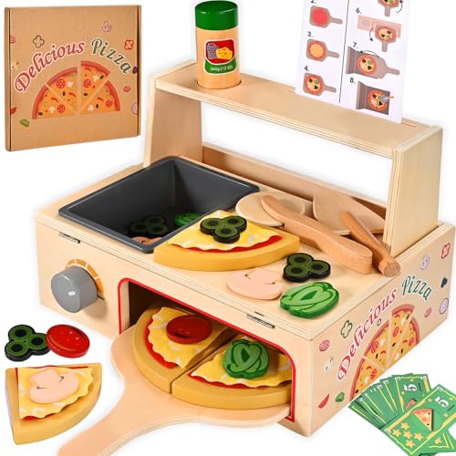 Wooderma 50 PCS Wooden Pizza Toy, Montessori Pretend Play Toys, Wooden Pizza Counter Playset with Bake Oven, Play Food and Accessories, Cooking Pretend Play Toys for Boys Girls Age 3+