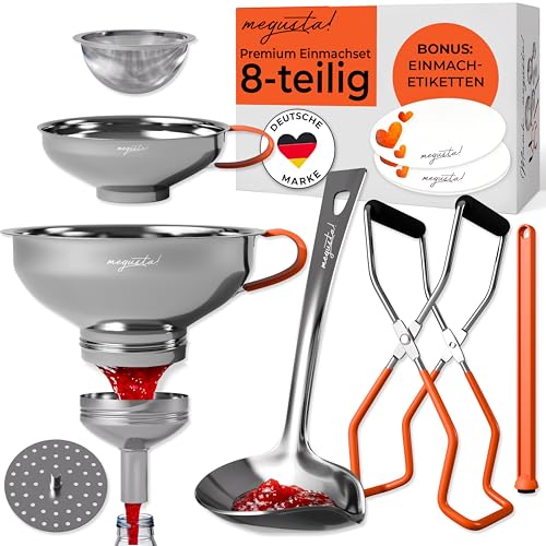 megusta!® Einmachset 8-teilig | 2 Trichter Edelstahl + Reduzierstück | Glasheber | Schöpflöffel | Deckelmagnet | feines + grobes Sieb | + Einmach-Etiketten megusta!® Einmachset 8-teilig | 2 Trichter Edelstahl + Reduzierstück | Glasheber | Schöpflöffel | Deckelmagnet | feines + grobes Sieb | + Einmach-Etiketten