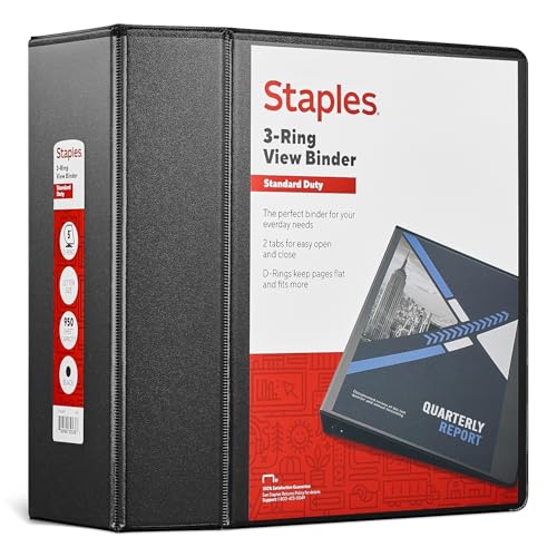 Staples Standard 5-Inch D-Ring View Binder High Capacity Holds Up to 1 050 Sheets Black for Office & Archiving