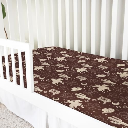 Image of Vintage Western Cowboy Baby Crib Sheets 52''x28'' Cowboy Horse Boots Hat Cactus Moon Snug Fitted Crib Mattress Cover for Boy Girl Wild Plants Soft Baby Bed Sheet for Standard Crib Toddler Mattress