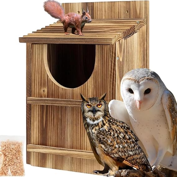JILVGS Owl Box, Carbonized Pine Large Owl House with Shavings, Owl Boxes for Outside 14.5×9×7.5 inches, Owl Nesting Box for Wildlife Lovers, Easy