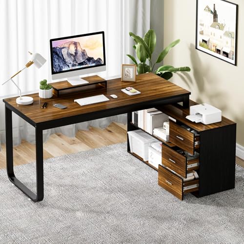 MaverickFurni 55 Inch L Shaped Desk with 3 Drawers, Home Office Desk with Storage Shelves, Computer...