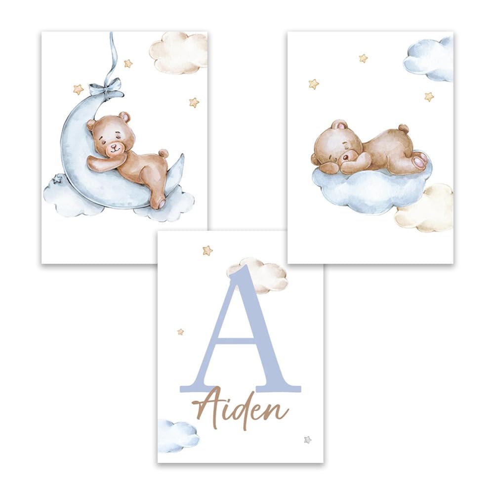 3 Laminas Personalizadas Nombre Bebe 30X40CM Cuadros Infantiles Para Habitacion Niño Poster Ositos Lienzo Habitacion Bebé Laminas Infantiles Azul Beige Cuadros Dormitorio Bebe Niño sin Marco