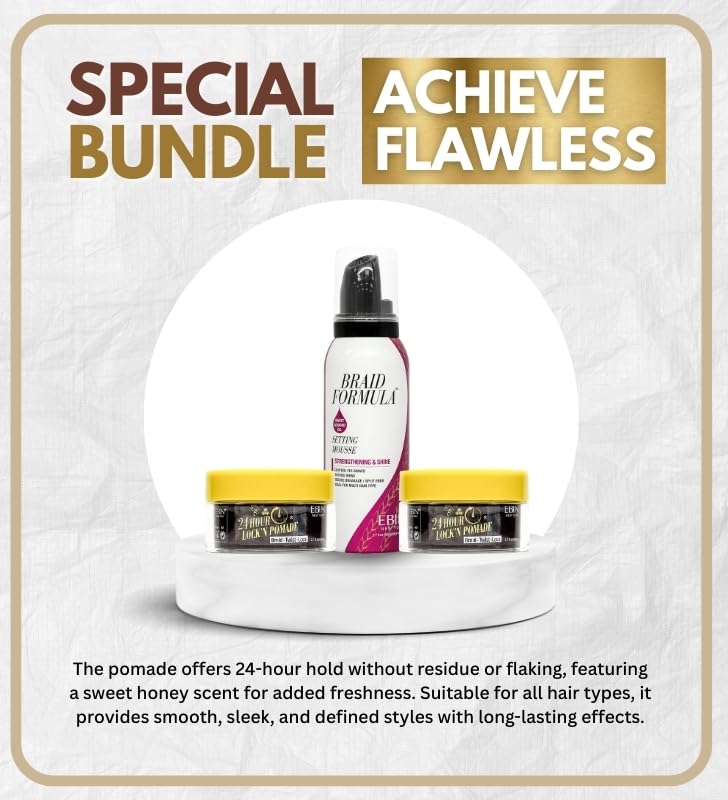 EBIN NEW YORK Braid Formula – 2x Honey & Bee's 2/7 oz Bundle With Setting Mousses Strenthening & Shine - Sweet Akmond Oil 2.7oz Frizz Control, Shine-Enhancing, Vegan Formula – Gift Set (3 Items)