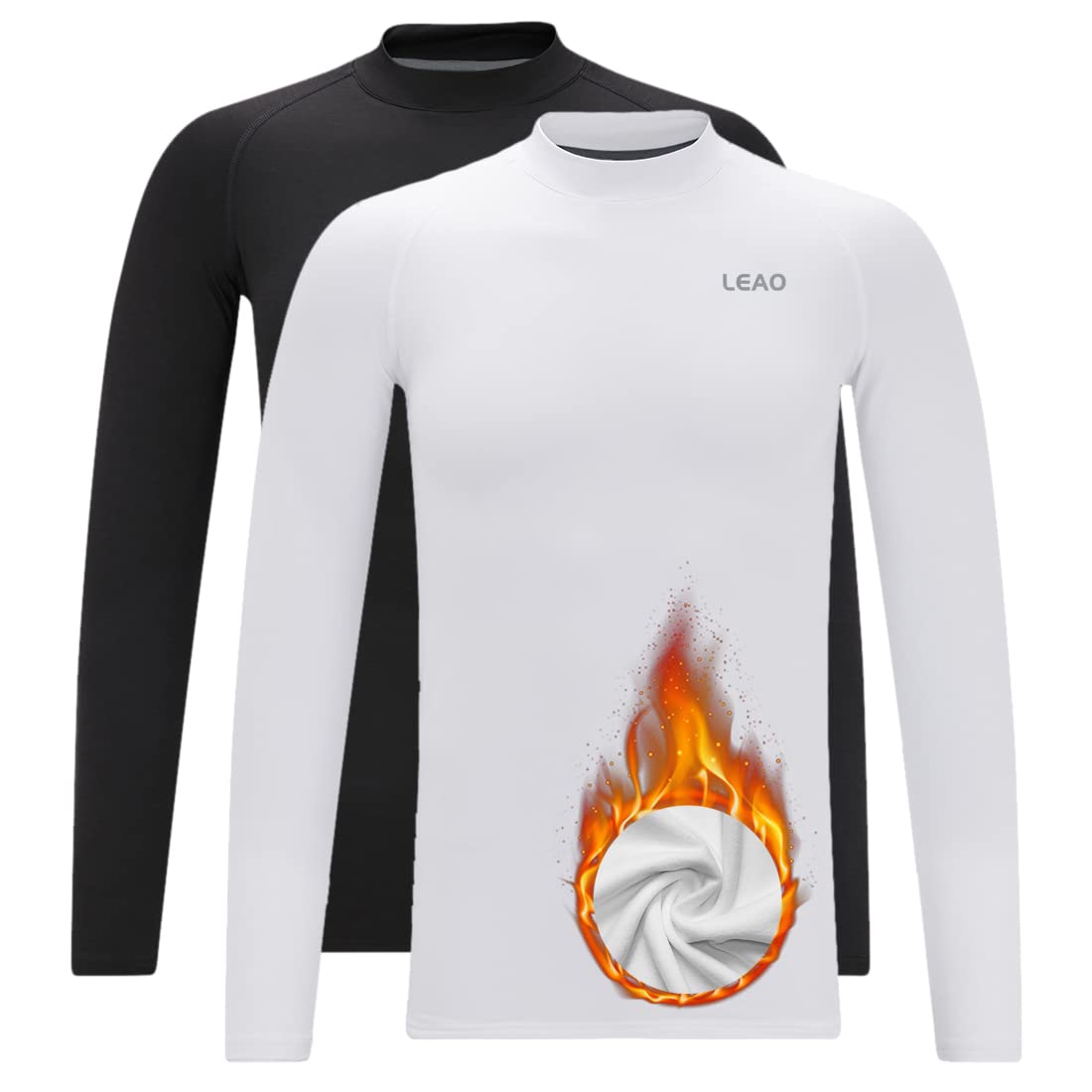 LEAO 2-Pack Youth Boys Compression Shirt Long Sleeve Fleece Quick Dry Sports Baselayer Soccer Baseball Basketball Undershirt Black/White S