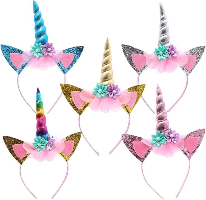 HATFRYF 5 Pcs Unicorn Headband, Unicorn Headbands for Girls, Ears Headband Rainbow Color, Rainbow Horse Horn Ears Flower Headbands, for Party Birthday, Cosplay and Festivals
