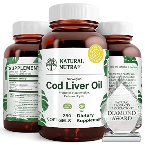 Natural Nutra Norwegian Cod Liver Oil Supplement, Helps to Maintain Skin, Helps Maintain Body Density, Eye Health & Nerve Function, Promotes Dental Health, Supports Cardiovascular Health, 250 Softgels