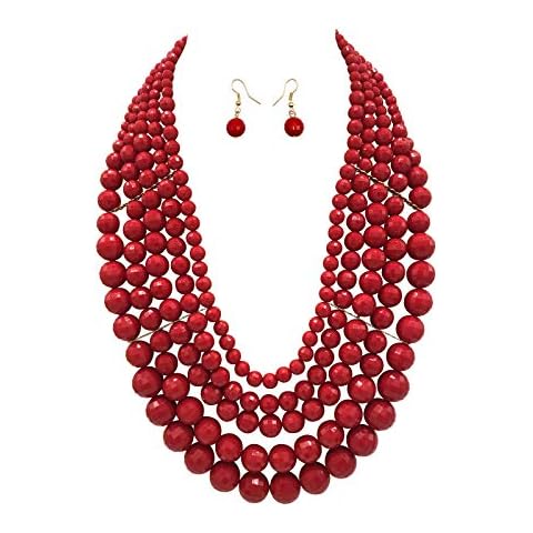 JHWZAIY 5 Layered Beaded Statement Chunky Necklaces For Women - Multi Strand Colorful Bead Layered Bib Necklace For Women Fashion Jewelry Costume Earring Set (Red) Cover