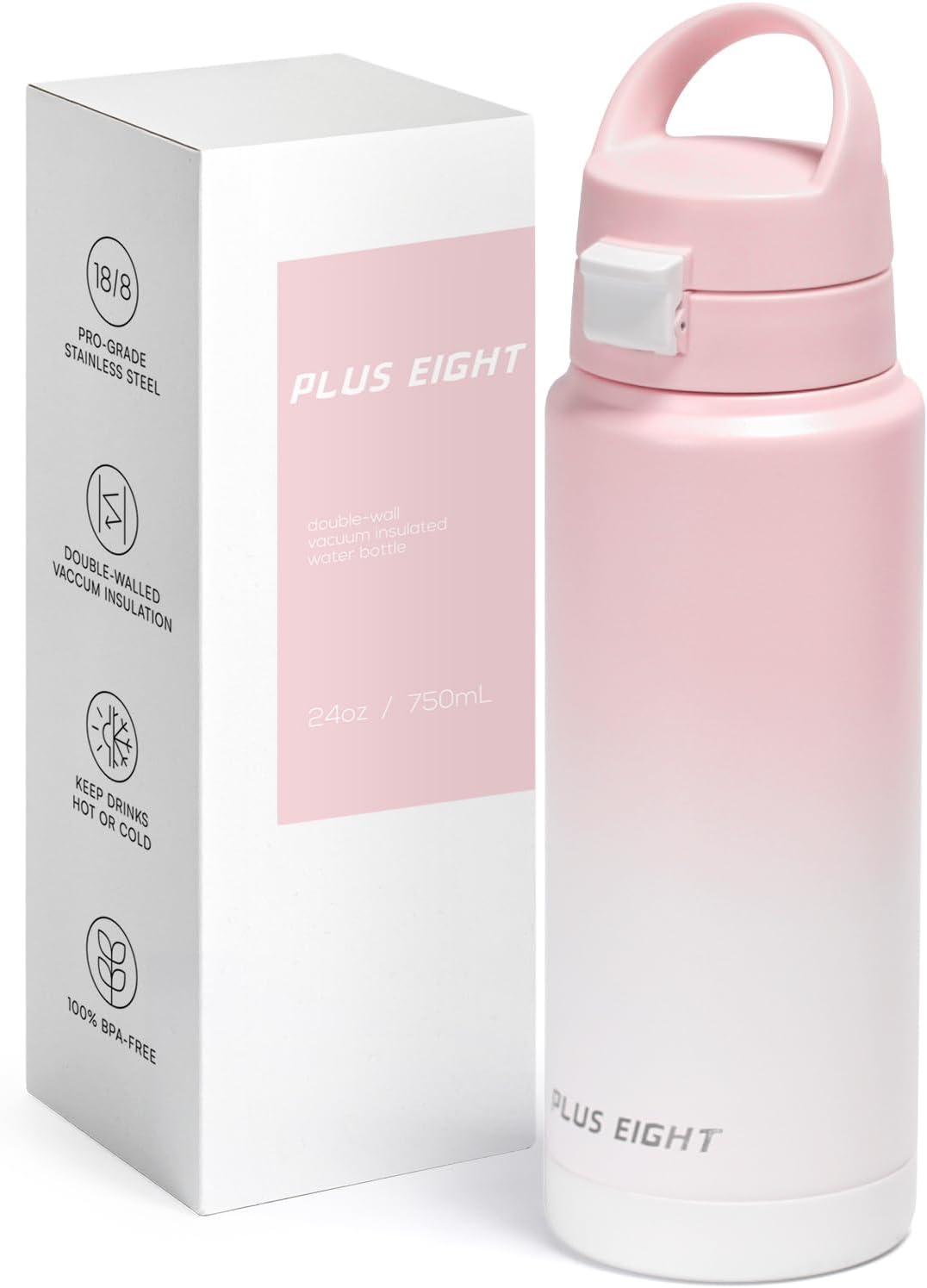 Insulated Water Bottle, 24 oz Leak Proof 18/8 Stainless Steel Vacuum Tumbler, Stainless Steel Water Bottle Wide Mouth for Sports, Gym or Office, BPA-Free Keep Cold 24H Hot 12H (Pink)