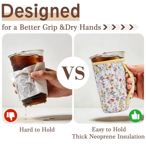 Image of KJQJLY 3 Reusable Iced Coffee Sleeves for Iced Coffee Cups or Drinks Reusable Neoprene Insulated Sleeves for Hot and Cold Drinks from Starbucks, Dunkin, And More (Wildflower)