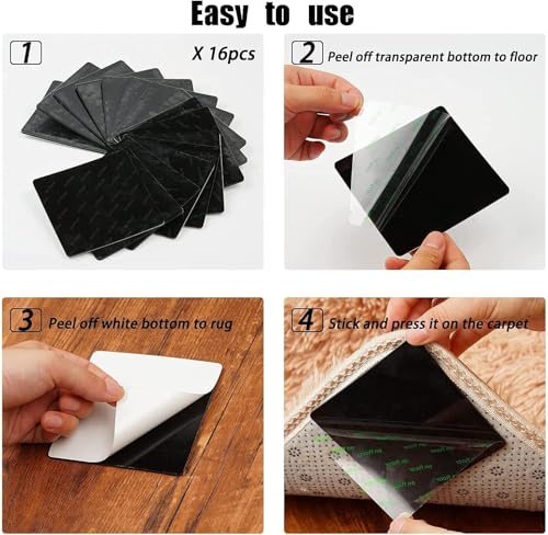 Image of 16PCS Grippers of Rug Pad, Non-Slip Rug Tape for Hardwood & Tile | Washable reusable rug tape, residue-free, flattens curled Carpet corners, safe for hardwood, tile and marble flooring