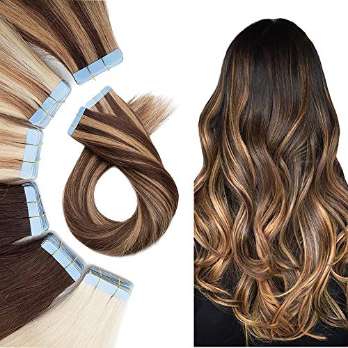 Glue In Hair Extensions Human Hair Tape In Real Human Hair Skin Weft Double Sided Tape Balayge Highlight Blonde Tape On Hair Extensions 12 inch 30g 20pcs #4P27 Medium Brown & Dark Blonde