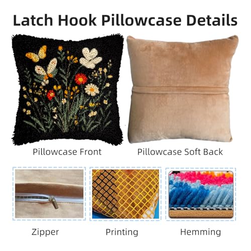 Image of DIY Latch Hook Pillow Kits for Adults Wild Flowers and Butterflies Printed Pillowcase Crochet Yarns Hooking Handmade Pillow Cover Cushion for Home Sofa Decoration 17x17inch-1