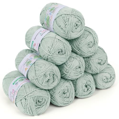 Coopay Lana de Algodón para Ganchillo, 100% Algodón, 10 x 50g, Lana Suave de Bebé, Hilo de Algodón para Suéteres, Calcetines, Mantas de Bebé, Verde Claro
