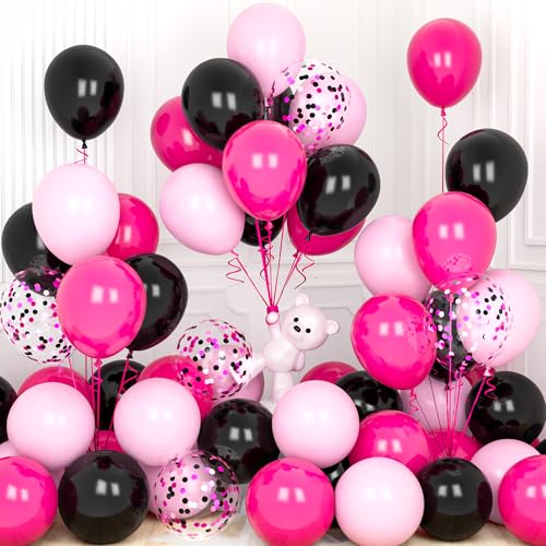 Ousuga 30 Pièces Ballons Rose Noir, 12 Pouces Rose Vif Pastel Noir Confettis Latex Hélium Ballon...