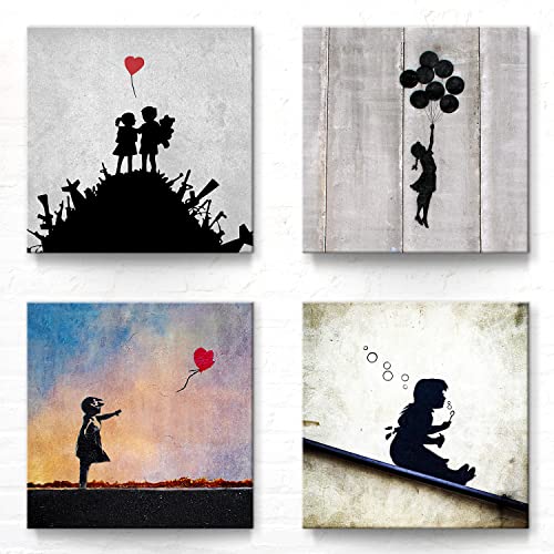 Banksy Leinwand-Bilder im coolen 4er-Set. Jedes Bilderset-G Art Wandbild ist 30x30cm groß. Tolle abstrakte Kunstdrucke zur Wand-Deko für Wohnzimmer, Schlazimmer, Flur, Büro