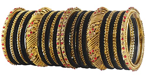 Image of NMII Metal with Zircon Gemstone and Beads Studded Ball Chain Linked Glossy Finished Velvet Bangles Chuda set for Women and Girls