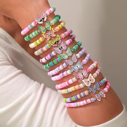 Friendship Bracelets for Women - Heishi Surfer Colorful Smile Butterfly Clay Beaded Stretch Bracelets Elastic Layering - Stackable Boho Disc Y2K Aesthetic Summer Jewelry Set.2