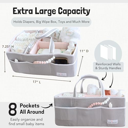 Image of Lily Miles Baby Diaper Caddy - Organizer Tote Bag for Baby Girl Essentials - Baby Shower Basket - Nursery Must Haves - Registry Favorites - Newborn Caddie Car Travel - Gray /Blush, Extra Large