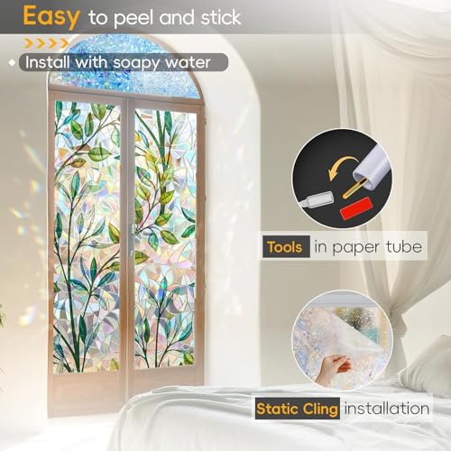 Image of Rainbow Privacy Film with Cutting Line, 3D Decals Stained Glass Window Clings, Static Cling Window Sticker, Suncatcher, 17.5 inch x 78.74 inch