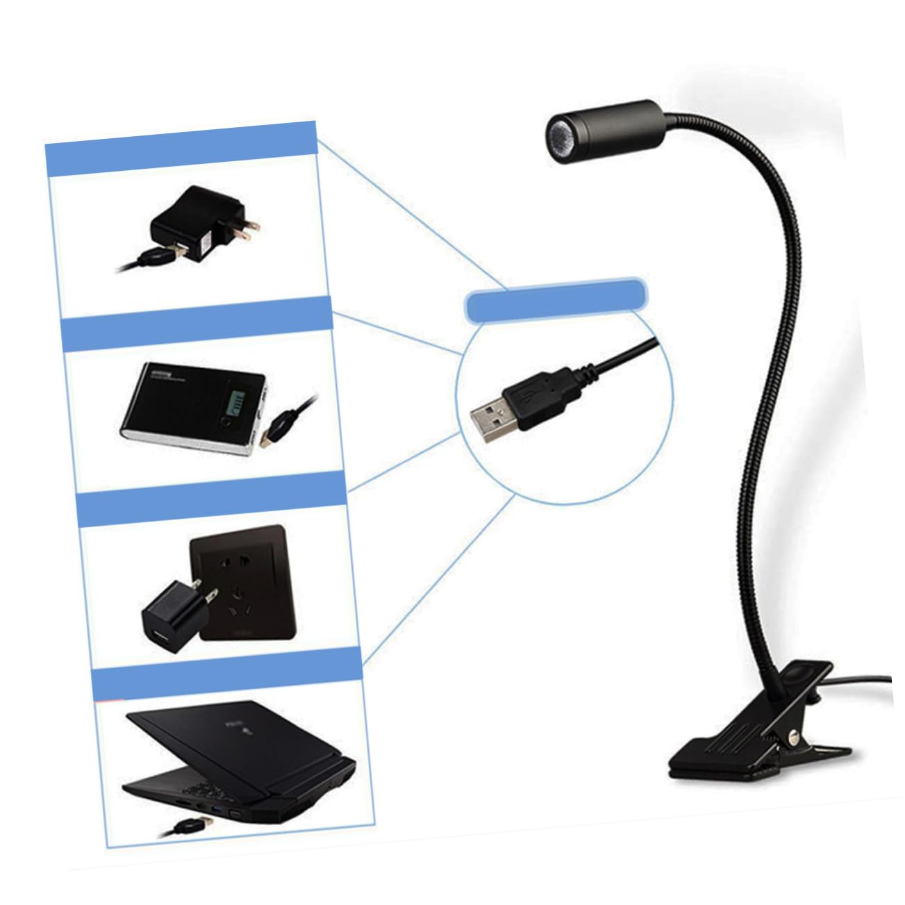 LED Lectura Lámpara de Clip USB 3W Tubo Flexible Cuello de Cisne Foco de Trabajo Luz de Taller Negro, Dirección Ajustable