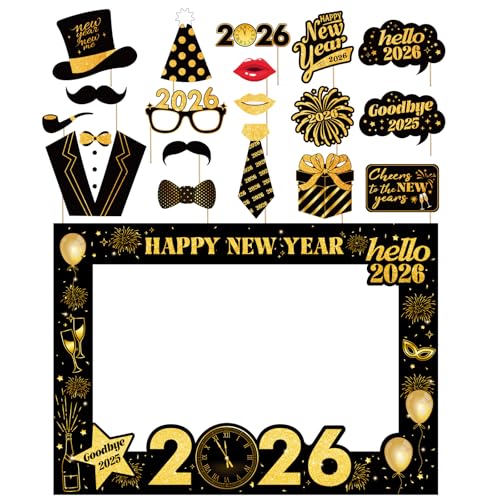 New Years Eve Party Supplies 2026 - Deluxe NYE Photo Booth Props Kit with Giant Glitter Photo Frame, 2026 Glasses (Pack of 20)