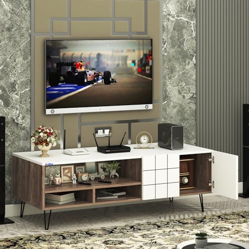 Image of Anikaa Axiora Engineered Wood Floor Standing TV Unit for Living Room | Modern Entertainment Console with 3-Open Boxes & 1-Closed Door Storage | Coachwood & White DIY (Do-it-Yourself) Installation
