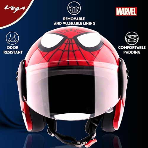 Image of Vega Buds Junior Marvel Spiderman Graphic Open Face Helmet for Kids - Lightweight Design, Superior Comfort & Safety, Stylish Red Blue - XS