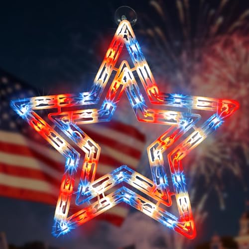 LAMPHOME 14 Lighted Patriotic Star Window Silhouette Red White Blue LED Decoration with Suction Cup for 4th of July Memorial Day Indoor Outdoor Wall Decor