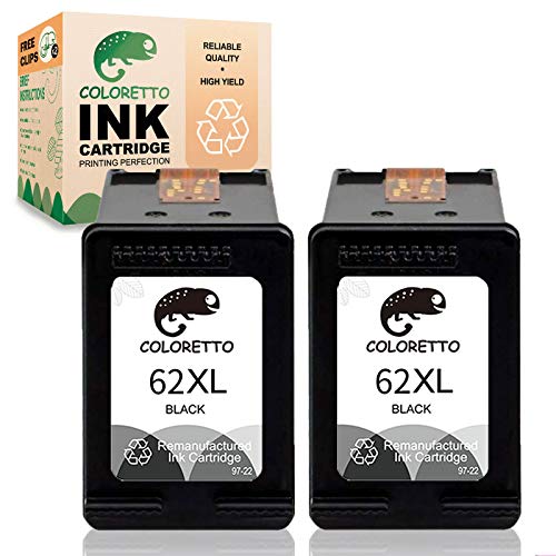 Coloretto Remanufactured Printer Ink Cartridge Replacement for HP 62XL to use with Envy 5540, 5542,5640, 5642,Officejet 200c 250 258 5742 5743 5744 (2 Black) Combo Pack