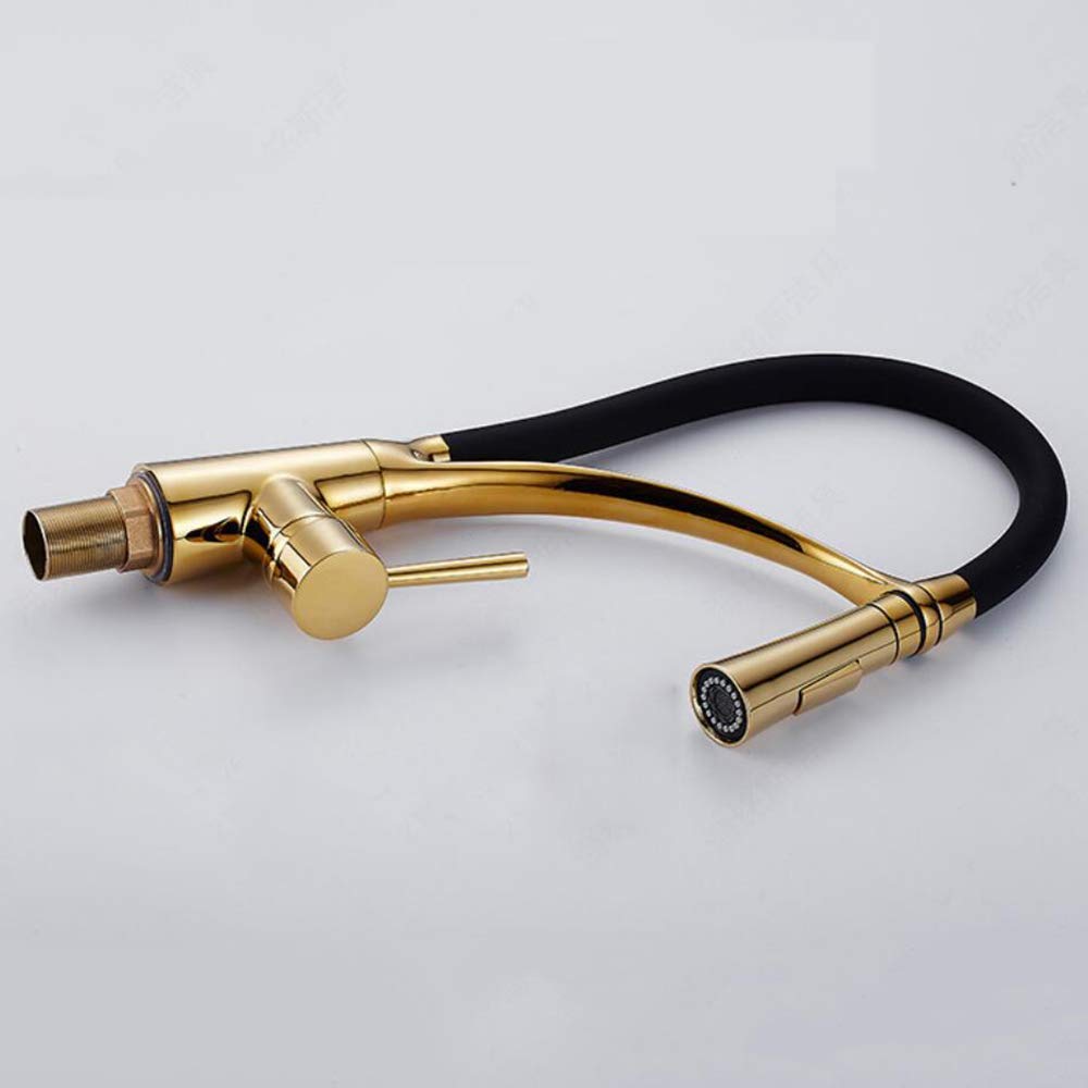 Miscelatore da cucina allungabile in oro e nero con doccetta estraibile, rubinetto da cucina monocomando girevole a 360° in ottone
