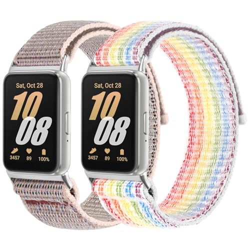 2PCS Nylon Watch Band Compatible with Samsung Galaxy Fit 3 Soft Breathable Adjustable Sport Nylon Loop Replacement Wristbands for Galaxy Fit3 SM-R390 Watch for Women Men