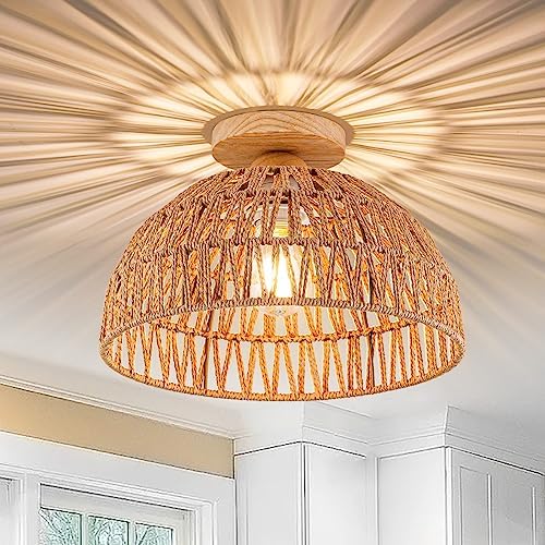 Rattan Ceiling Light Fixtures Boho Chandelier Rattan Flush Mount Ceiling Light Hand-Woven Cage Shade Small Chandelier Light Wooden Ceiling Base for Hallway Bedroom Kitchen Nursery Farmhouse Chandelier